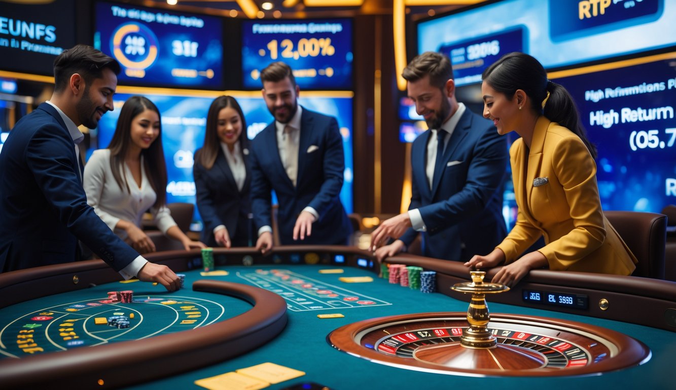 Suasana kasino langsung dengan pemain dan staf yang berinteraksi di meja permainan modern dan layar digital di latar belakang.