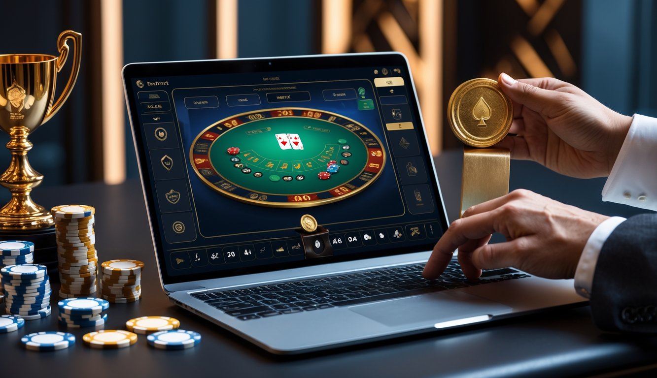 Seseorang bermain baccarat online di depan komputer dengan suasana mewah dan elemen chip serta trofi di sekitar.