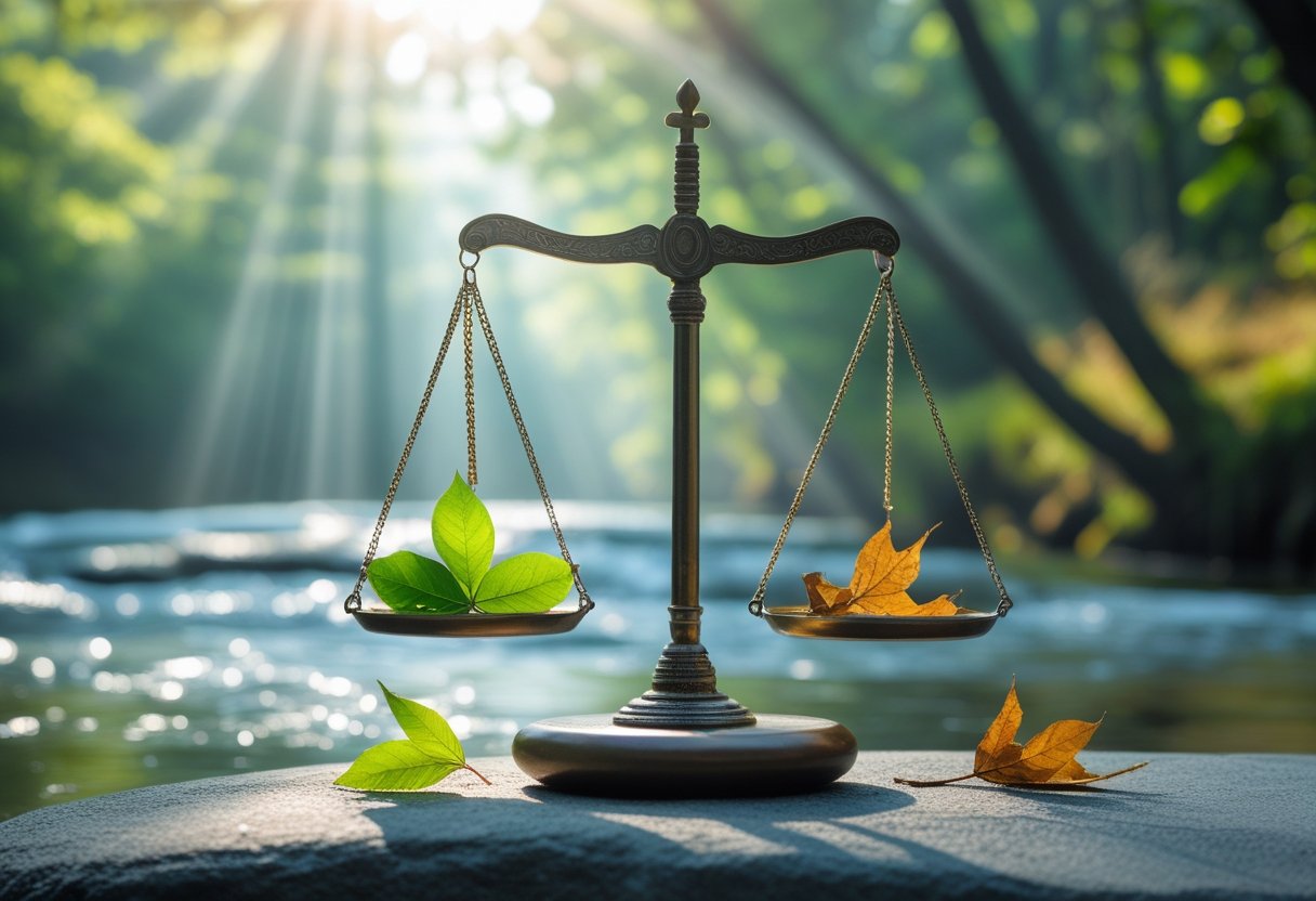 Eine ausgewogene Waage auf einem Stein neben einem ruhigen Fluss in einem Wald, mit grünen und trockenen Blättern auf den Waagschalen.