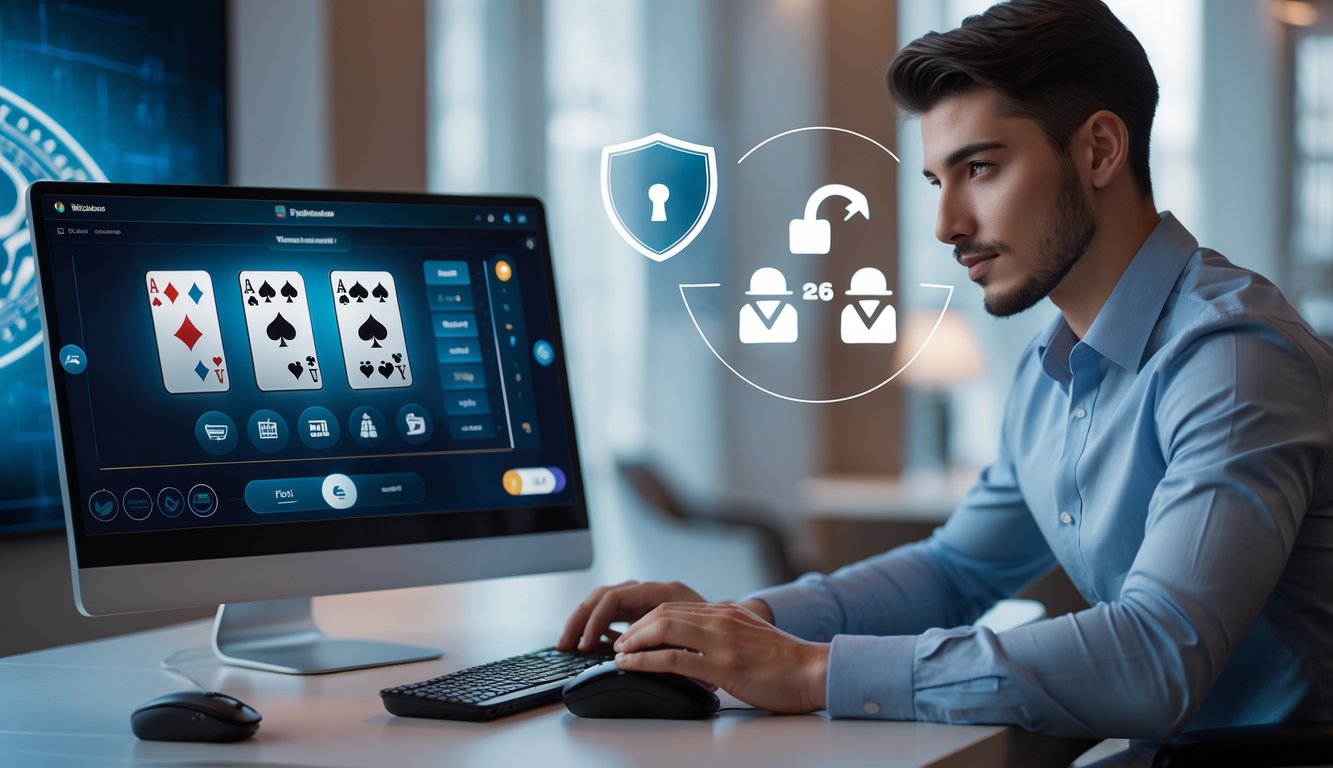 Seorang dewasa muda duduk di depan komputer dengan tampilan permainan baccarat online, suasana terang dan rapi dengan elemen keamanan terlihat di latar belakang.