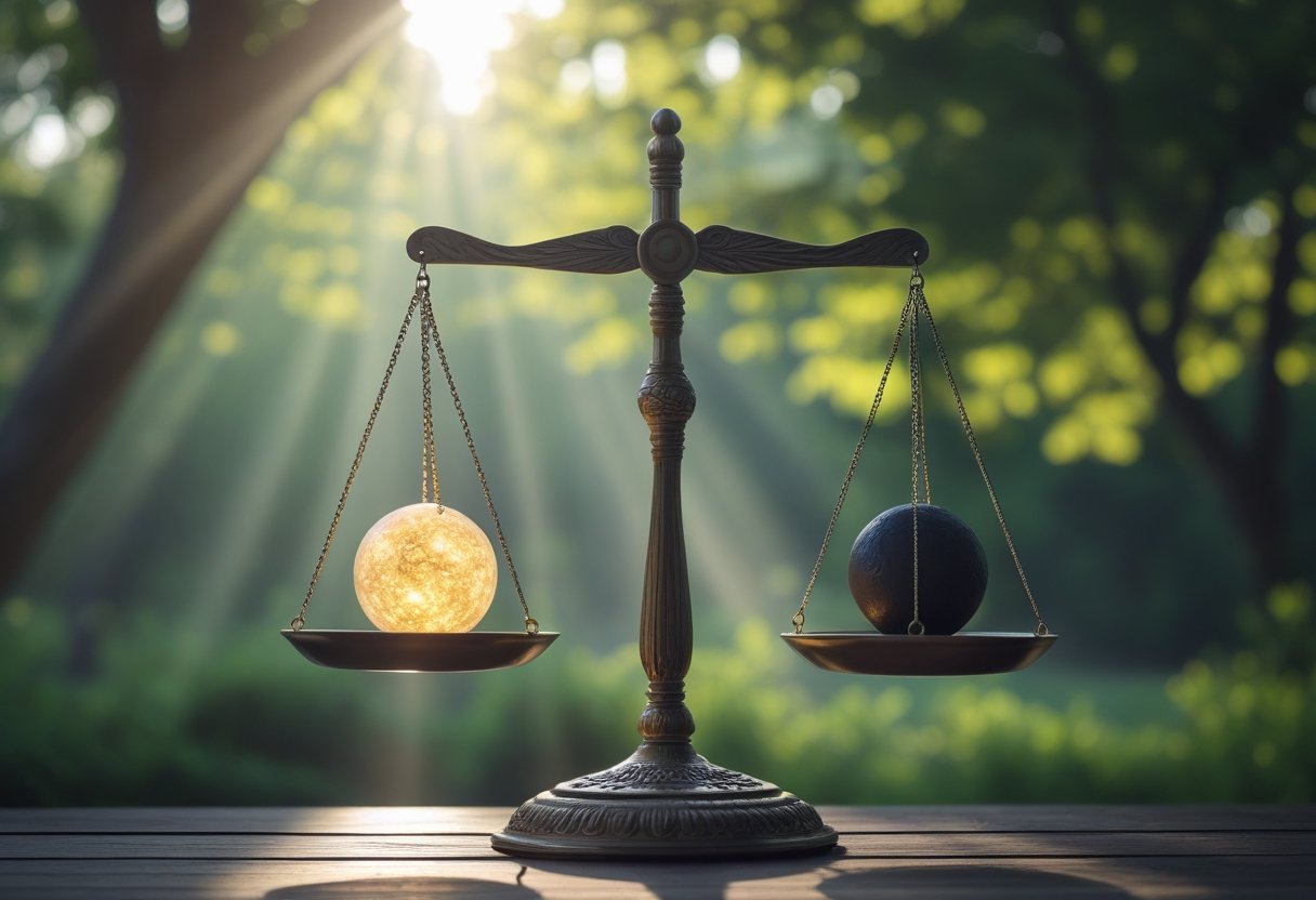 Eine ausgewogene Waage mit einem hellen und einem dunklen Kugel in einem ruhigen Wald mit Sonnenlicht.