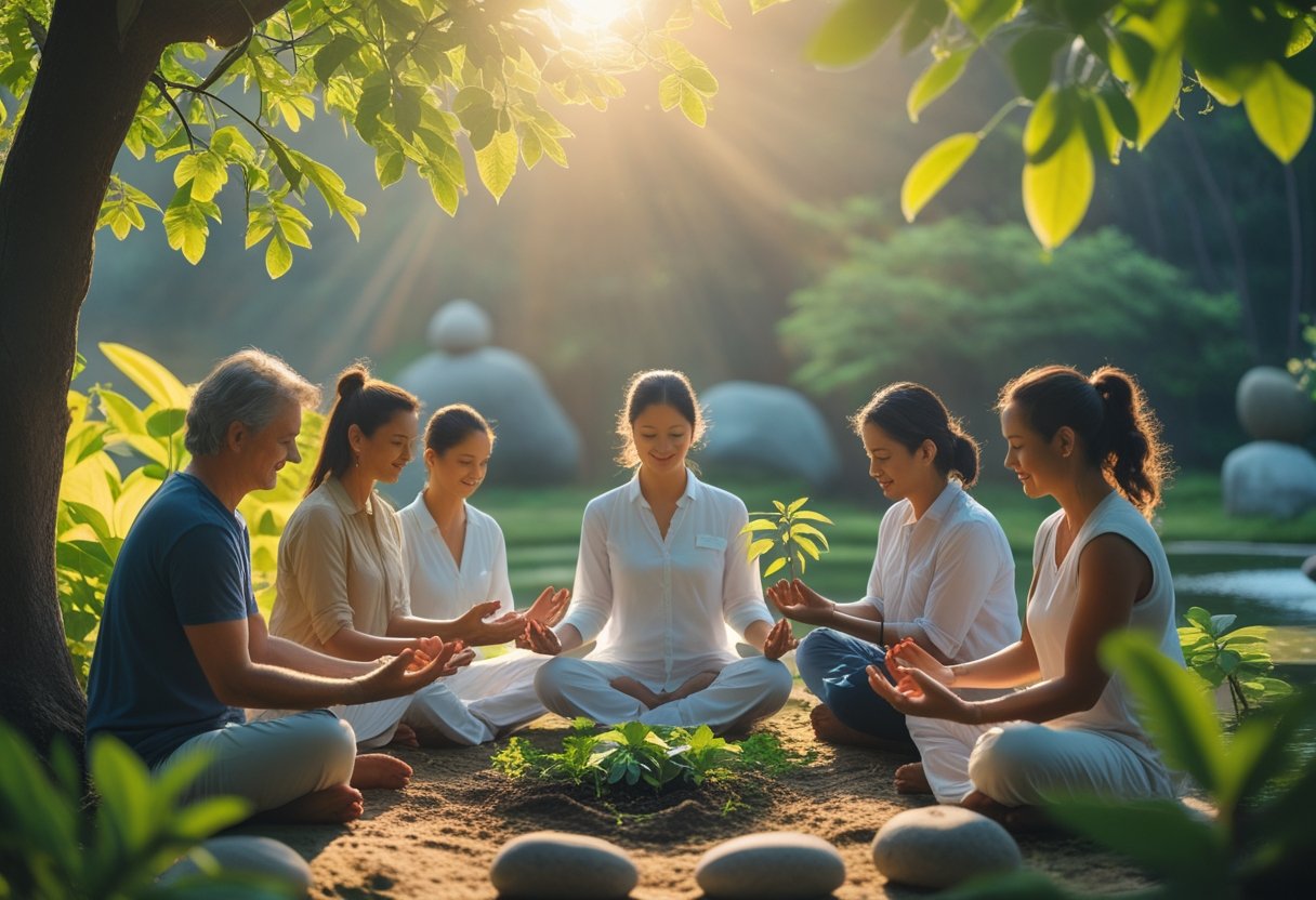 Menschen in einem ruhigen Garten, die sich gegenseitig helfen und meditieren.