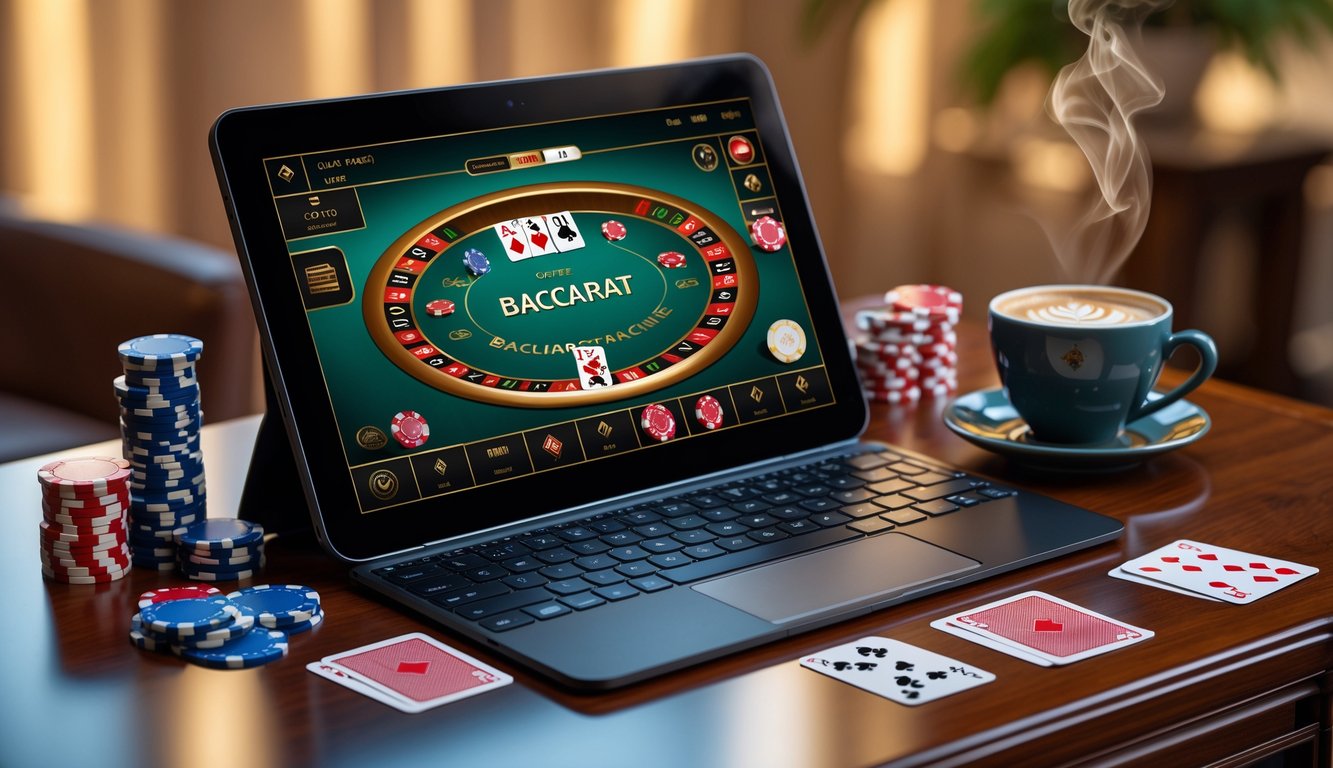 Sebuah laptop menampilkan permainan baccarat online dengan kartu dan chip poker di atas meja kayu, dikelilingi oleh cangkir kopi dalam suasana yang nyaman.