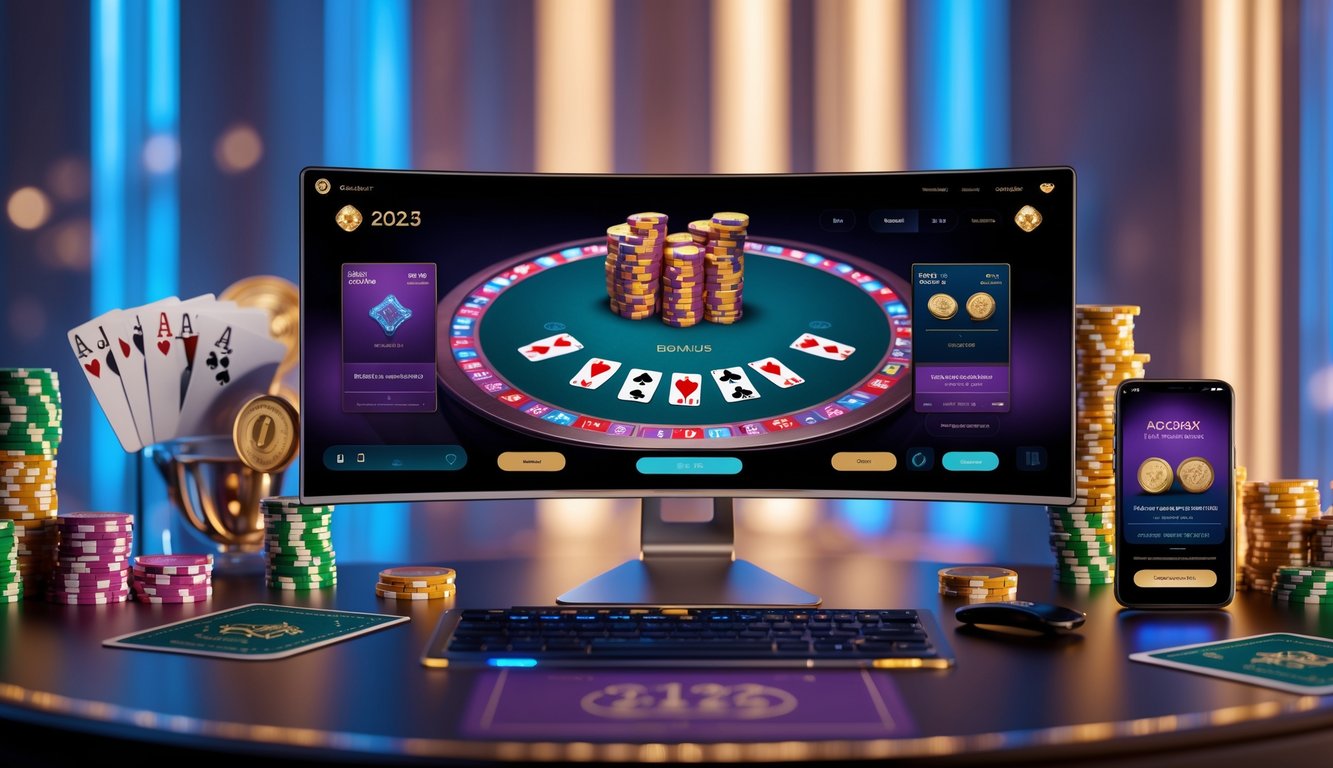 Sebuah meja dengan monitor komputer menampilkan permainan baccarat online, dikelilingi oleh chip poker dan kartu remi, dengan suasana pencahayaan hangat.