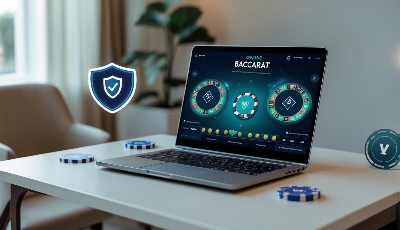 Sebuah meja dengan komputer yang menampilkan permainan baccarat online, dikelilingi suasana yang tenang dan aman.