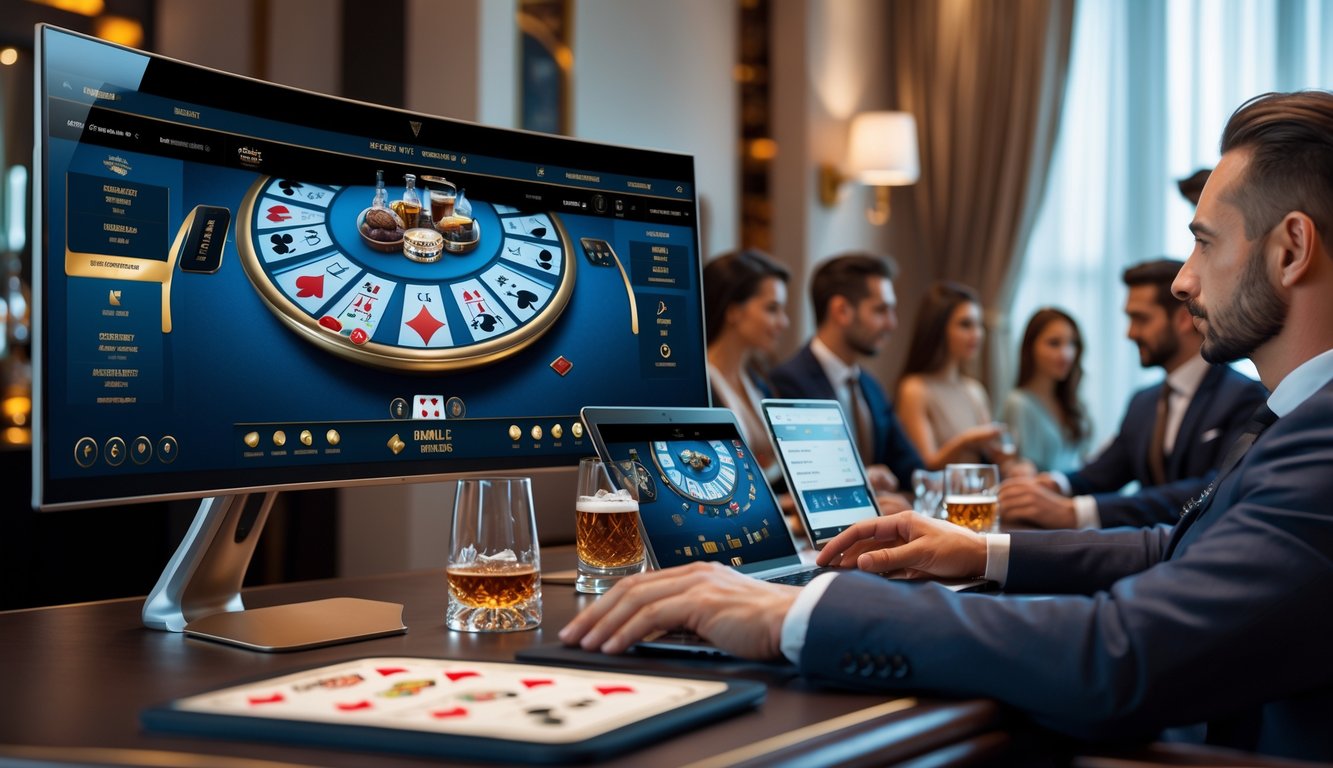 Suasana modern dengan beberapa orang bermain baccarat online menggunakan komputer dan ponsel di ruangan yang elegan.