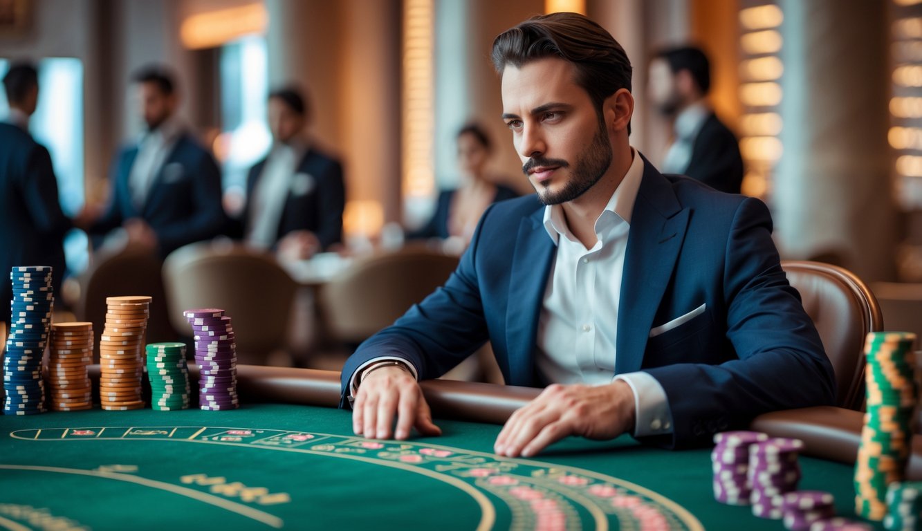 Seorang pria berpakaian rapi duduk di meja baccarat di kasino yang mewah dengan kartu dan chip poker di depannya.
