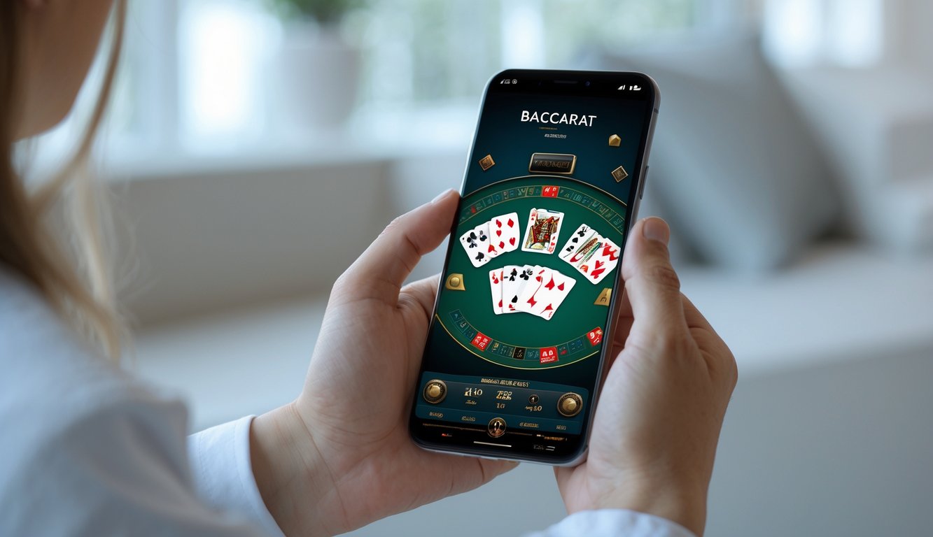 Tangan memegang smartphone yang menampilkan permainan baccarat online dengan latar belakang ruangan yang terang dan nyaman.