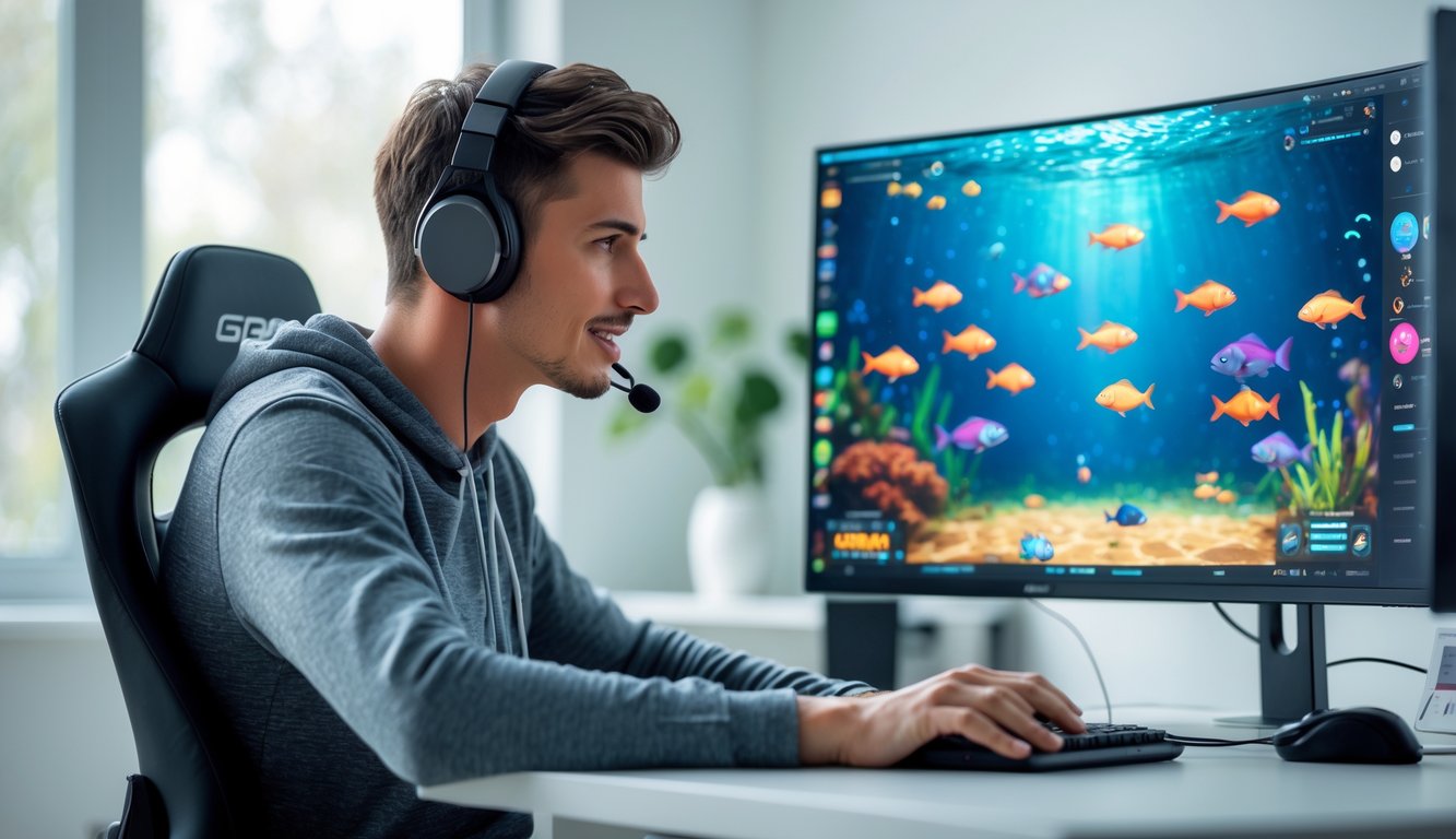 Seorang pria muda duduk di meja dengan komputer, bermain permainan tembak ikan online di ruangan rumah yang terang dan rapi.