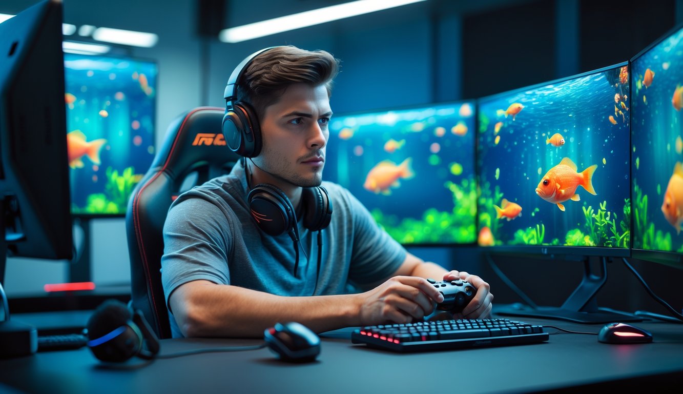 Seorang pria muda duduk di depan komputer dengan layar menampilkan permainan tembak ikan, fokus dan serius bermain di lingkungan gaming modern.