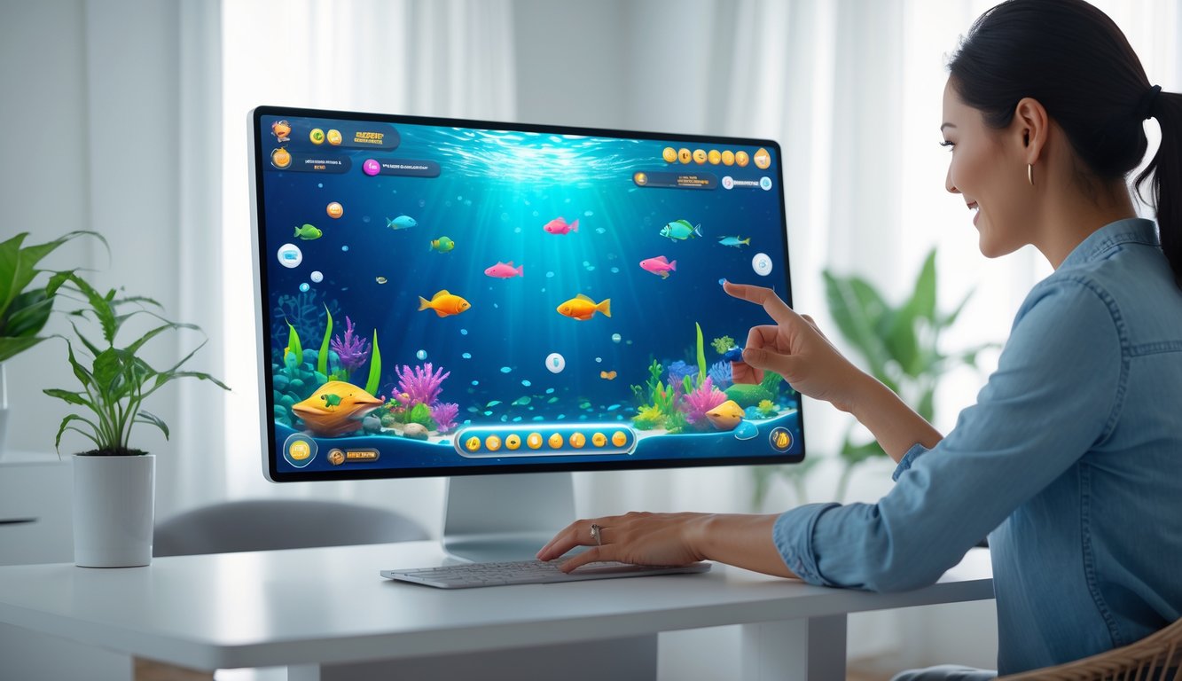 Seorang pemain dewasa menggunakan perangkat digital dengan tampilan permainan ikan berwarna-warni di layar dalam ruangan yang terang dan rapi.
