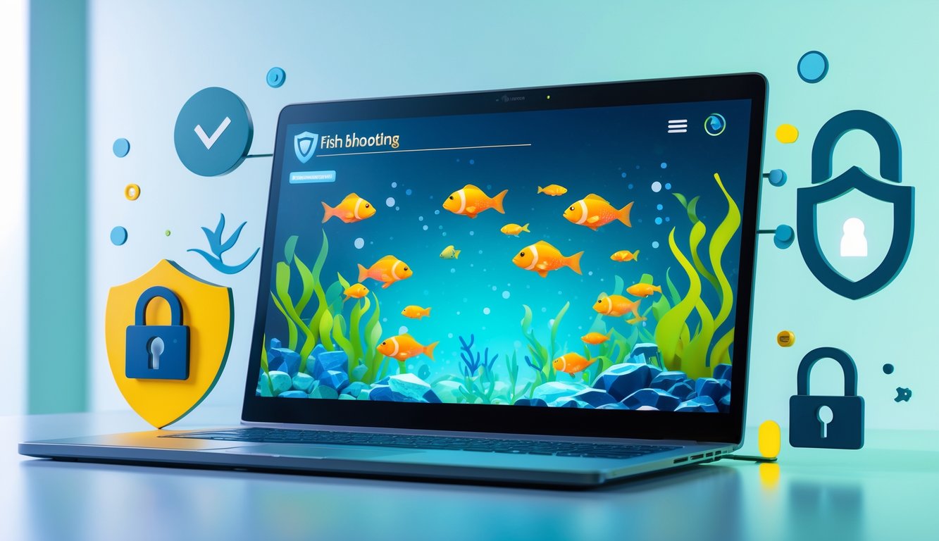 Sebuah komputer dengan layar menampilkan permainan menembak ikan yang berwarna-warni, dikelilingi oleh simbol keamanan seperti gembok dan perisai.