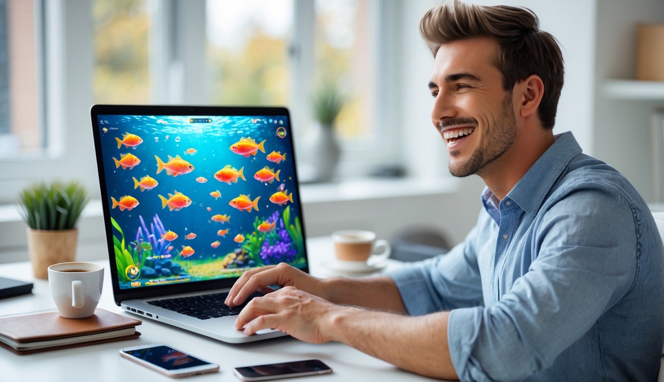 Seorang pria muda duduk di meja dengan laptop, bermain permainan tembak ikan online di ruang kerja yang terang dan rapi.