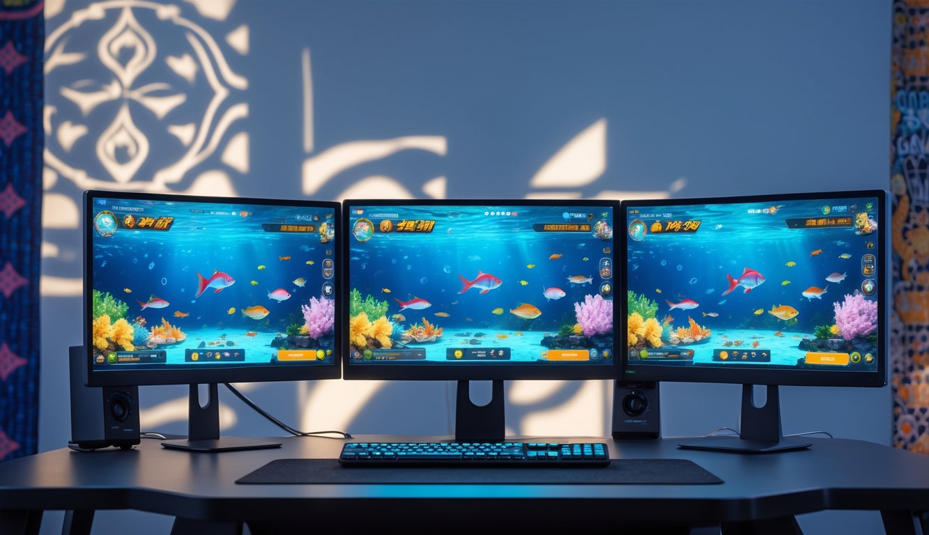 Sebuah meja komputer modern dengan layar menampilkan permainan ikan berwarna-warni, dengan latar belakang motif budaya Indonesia yang samar.