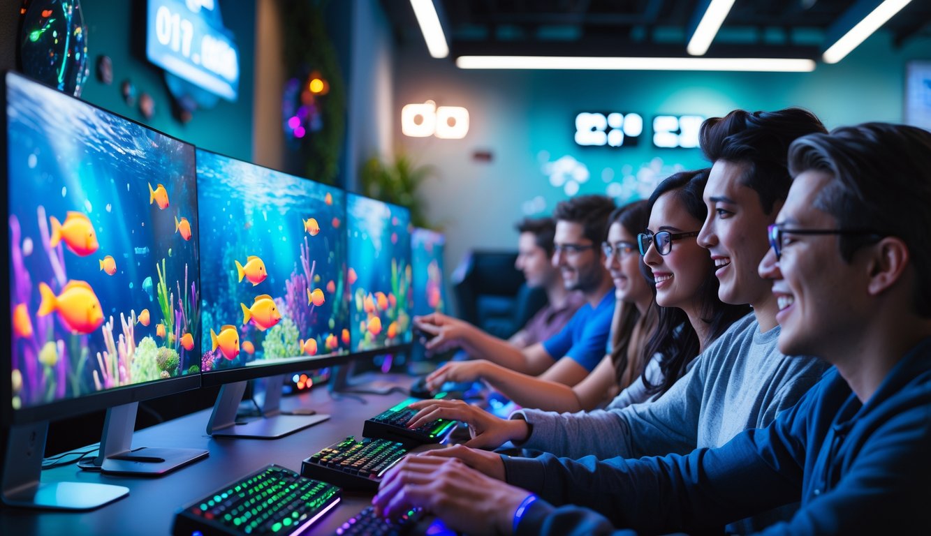 Sekelompok orang muda bermain game tembak ikan di komputer dengan suasana ruangan yang nyaman dan pencahayaan terang.