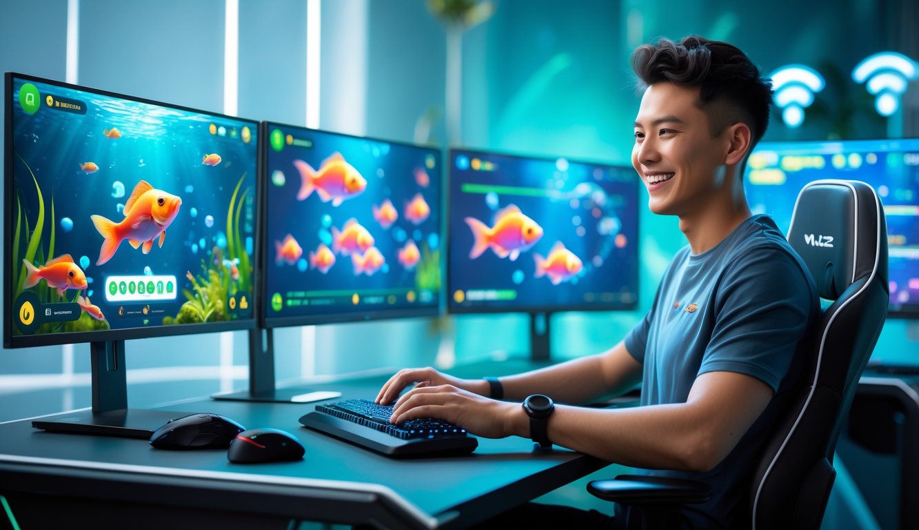 Seorang dewasa muda duduk di depan beberapa layar komputer yang menampilkan permainan tembak ikan dengan latar belakang warna biru dan hijau yang lembut.