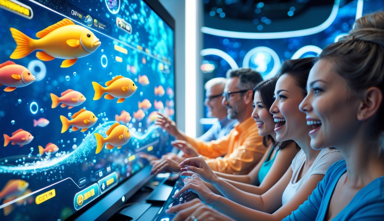 Orang-orang bermain permainan tembak ikan dengan latar bawah laut penuh ikan berwarna-warni dan perangkat modern.