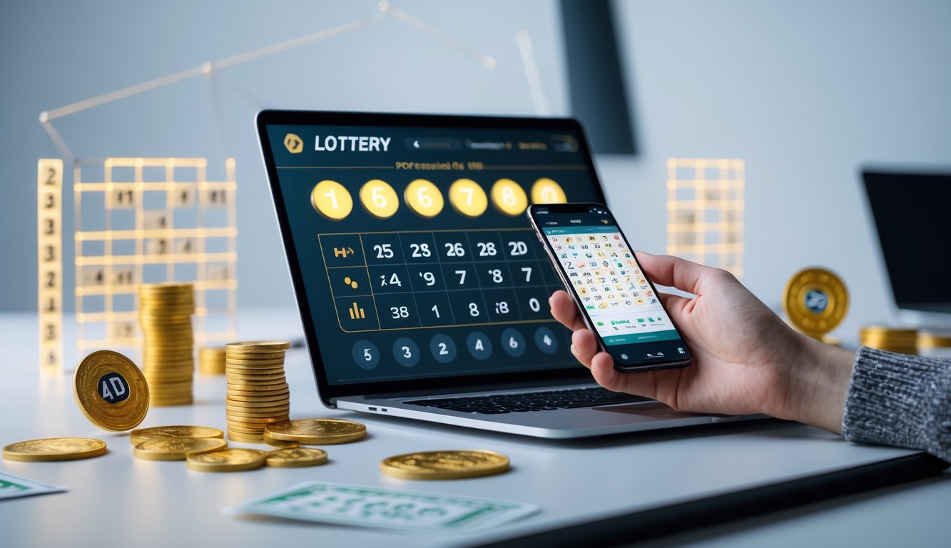 Meja kerja modern dengan laptop dan ponsel yang menampilkan antarmuka permainan togel digital, dikelilingi oleh koin emas dan tiket togel.