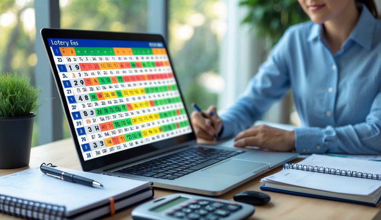 Seorang pria sedang bekerja di meja dengan laptop, catatan, dan kalkulator, mempelajari data angka lotere di layar digital.