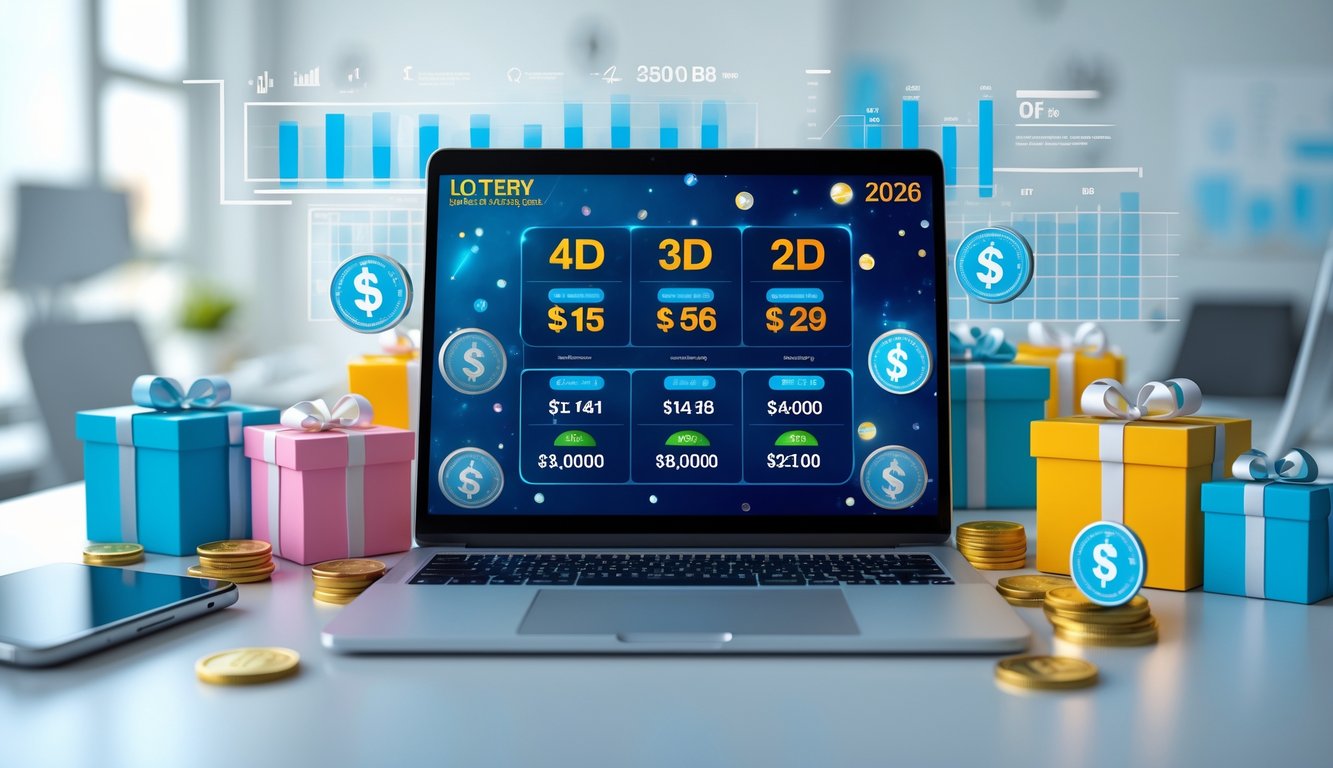 Seorang pengguna sedang melihat antarmuka lotere digital pada perangkat di meja kerja dengan elemen bonus dan promosi di sekitar.