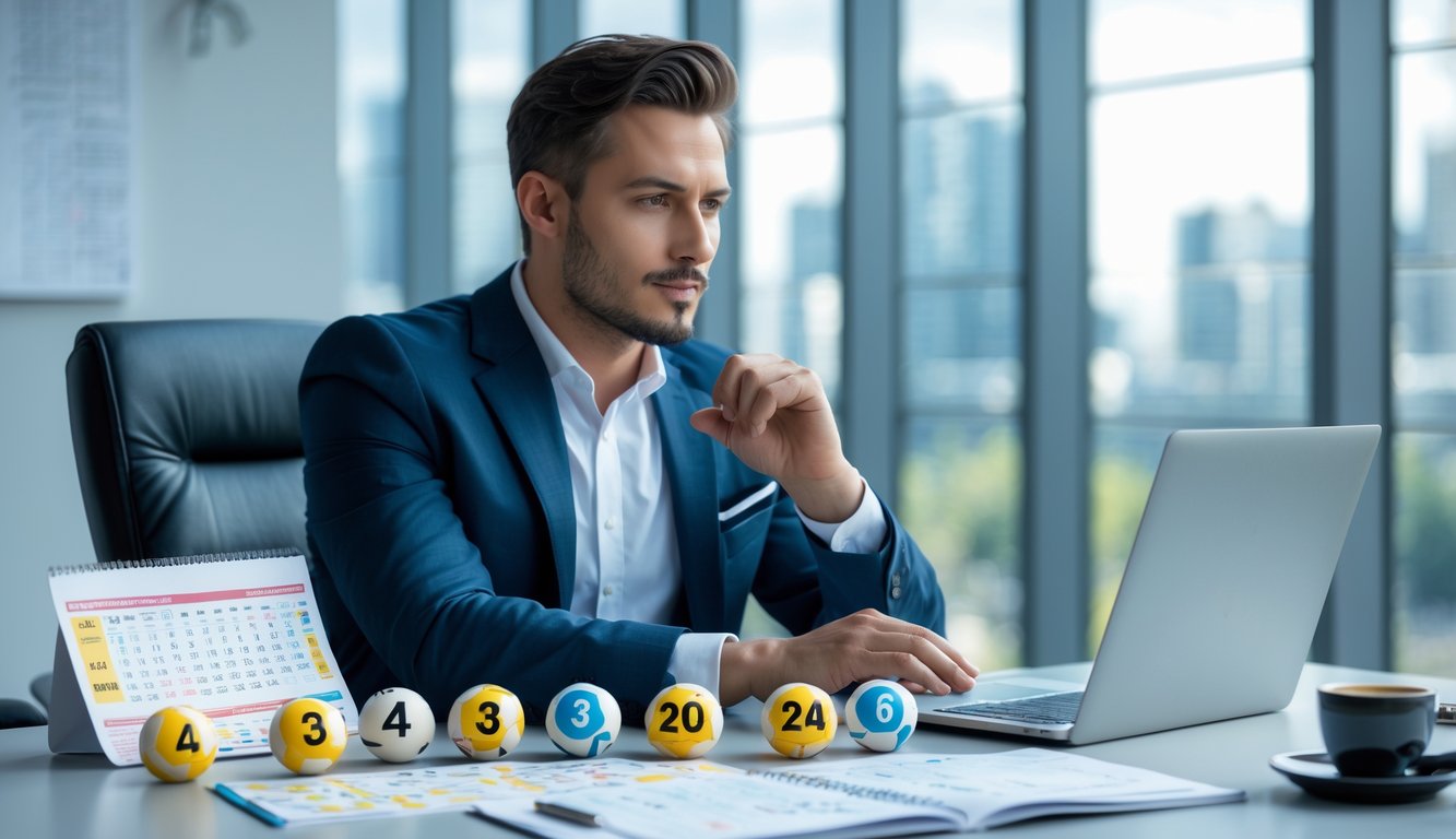 Seorang pria profesional duduk di meja dengan tiket lotere dan bola bernomor, menganalisis data di laptop di sebuah kantor modern.