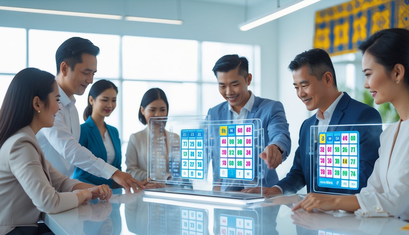 Sekelompok orang dewasa sedang menggunakan layar digital transparan dengan angka lotere di sebuah kantor modern.