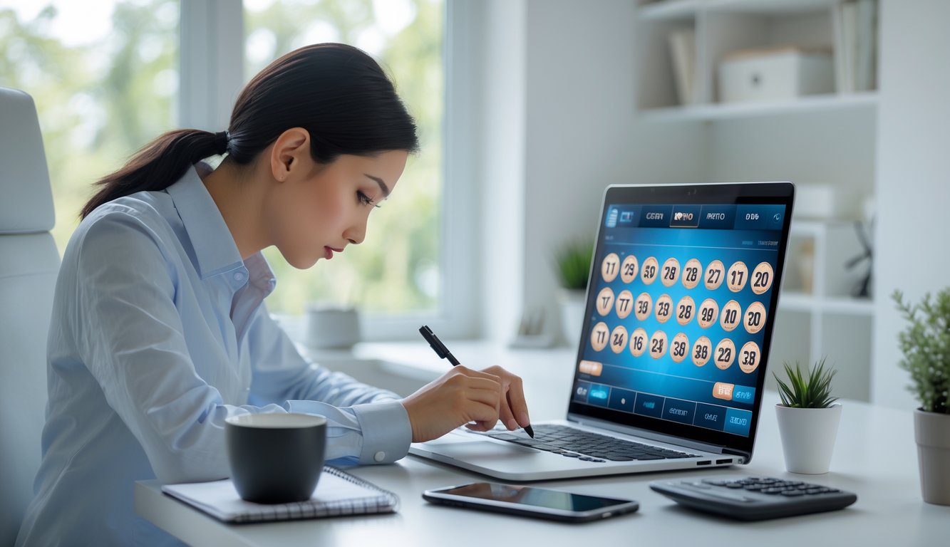 Seseorang duduk di meja kerja dengan laptop dan alat tulis, terlihat fokus dan berhati-hati saat bermain permainan angka di lingkungan rumah yang terang.