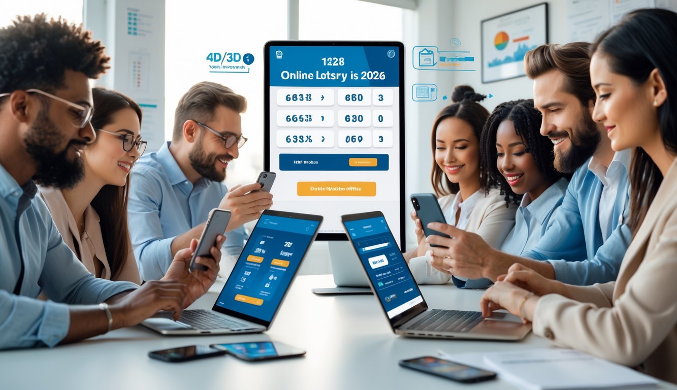 Beberapa orang menggunakan perangkat digital untuk memilih nomor lotere dan melakukan pembayaran online di ruang kerja yang terang dan modern.