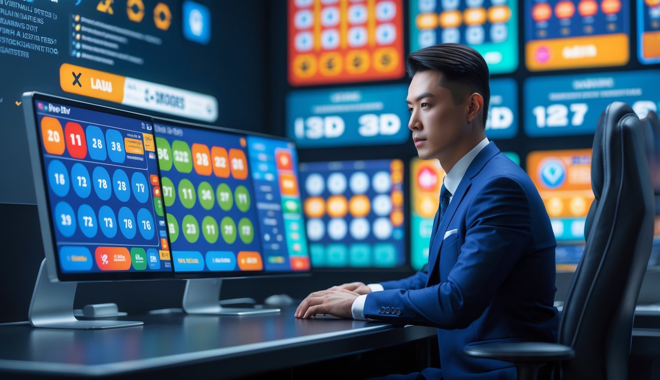 Seorang pemain judi online profesional duduk di depan beberapa layar digital yang menampilkan angka togel dan grafik taruhan.