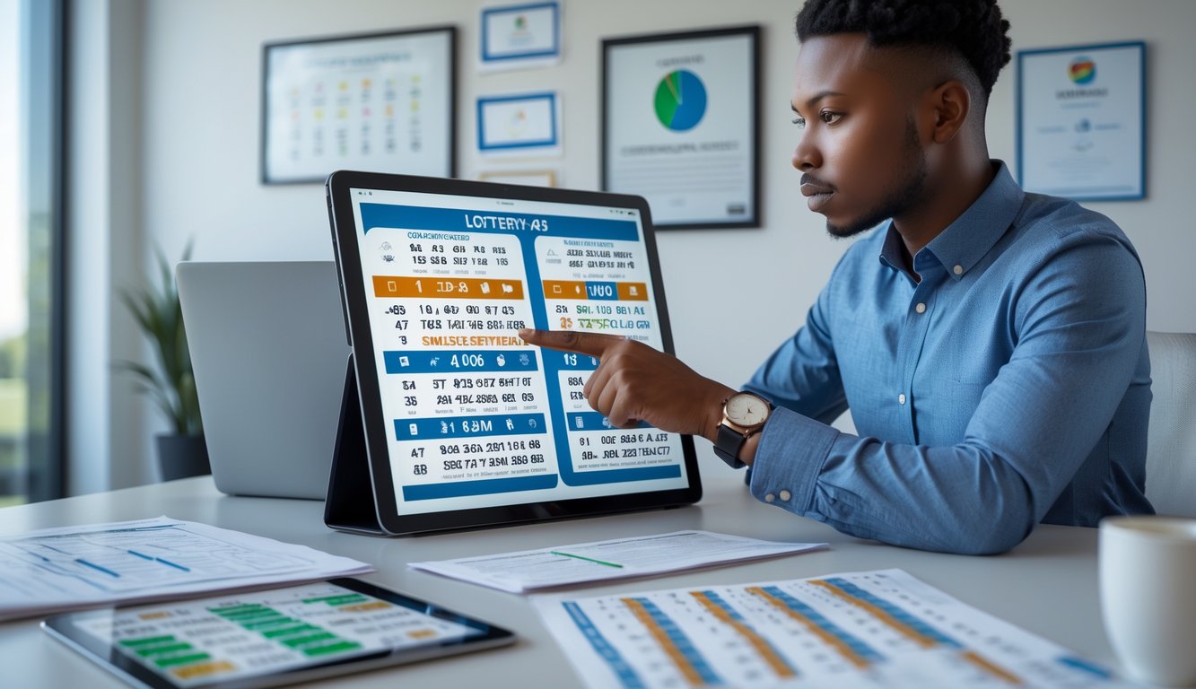 Seseorang sedang menganalisis strategi togel 4D, 3D, dan 2D di meja kerja dengan tablet dan laptop di kantor yang terang dan rapi.
