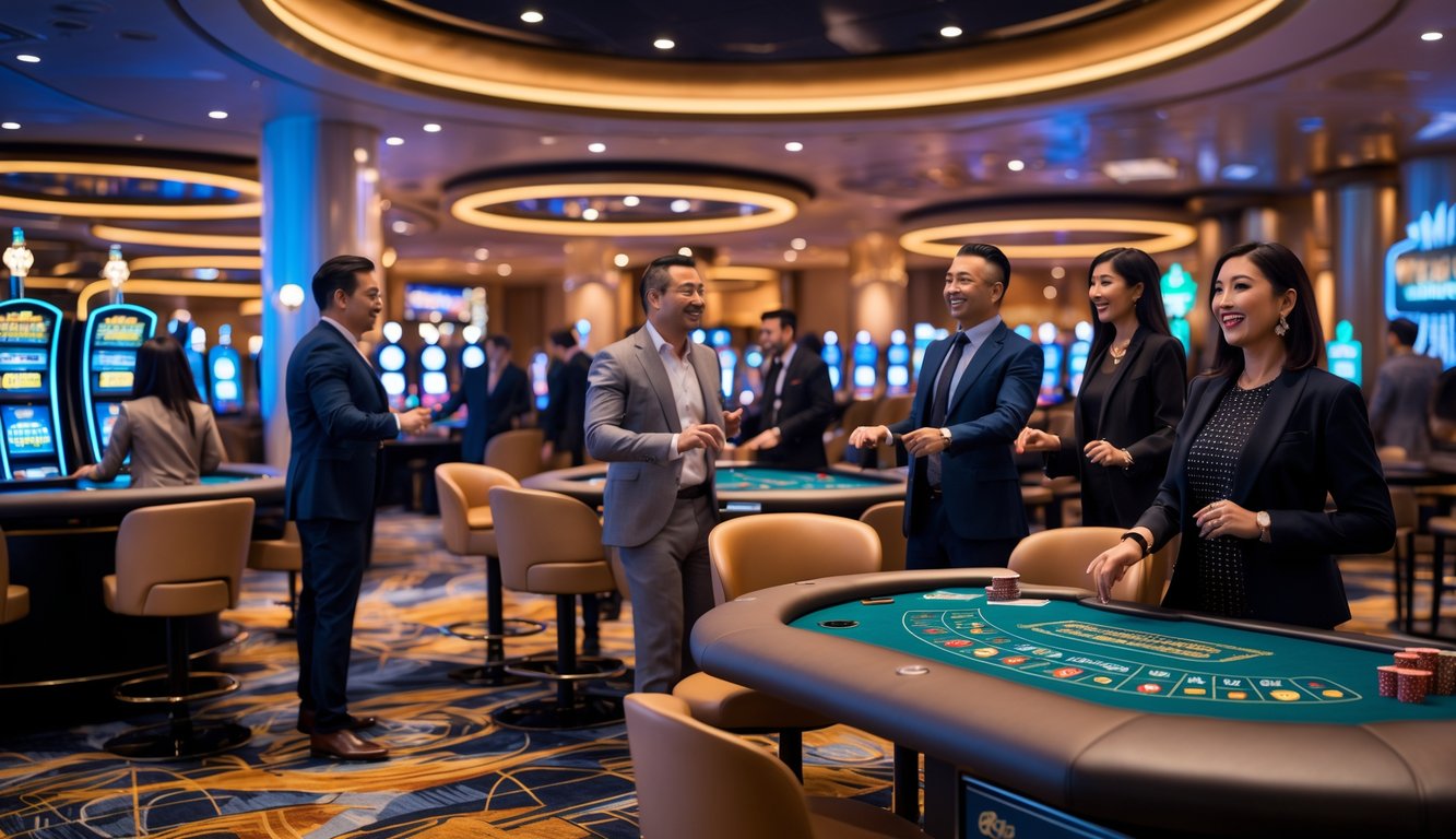 Orang-orang berpakaian rapi bermain di lantai kasino modern dengan mesin slot dan meja permainan, suasana terlihat mewah dan penuh semangat.