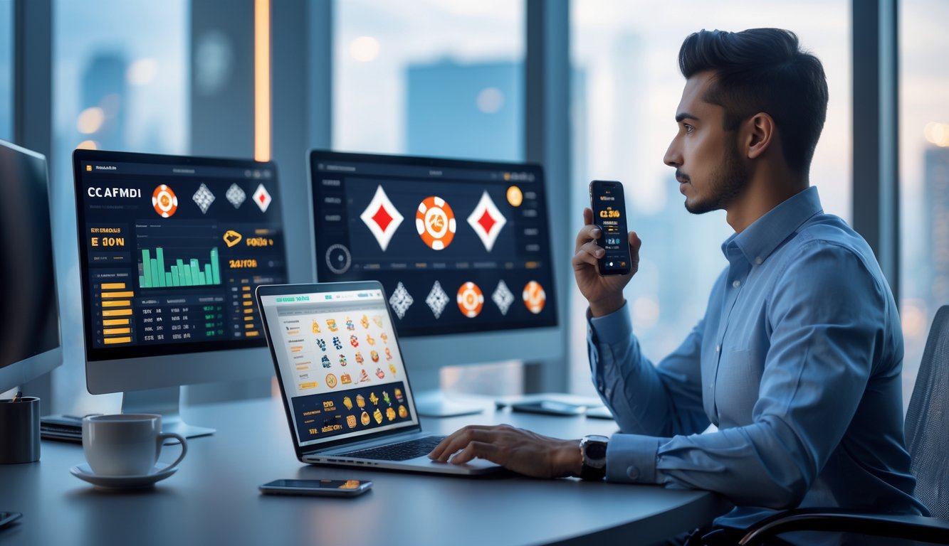 Seseorang duduk di meja kerja modern dengan beberapa layar komputer yang menampilkan grafik dan ikon kasino, terlihat fokus dan profesional.