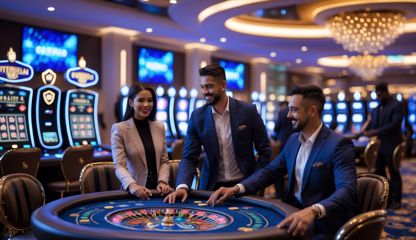 Orang-orang bermain di kasino modern yang mewah dengan suasana cerah dan aman.