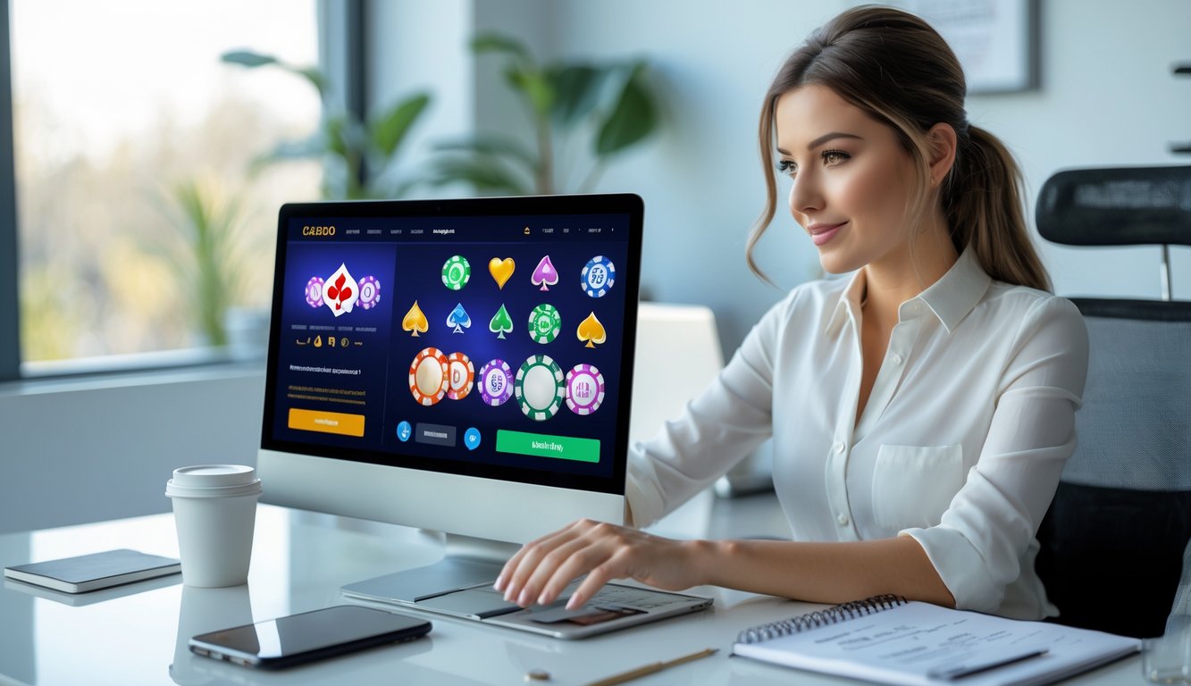 Seorang wanita muda duduk di meja kerja dengan laptop yang menampilkan situs kasino online, dikelilingi oleh ponsel, kopi, dan catatan di ruang kantor yang terang.