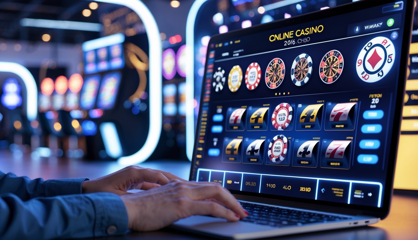 Seseorang menggunakan laptop dengan layar menampilkan berbagai permainan kasino online di lingkungan modern dan futuristik.