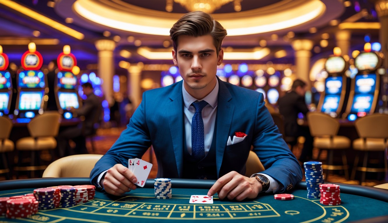 Seorang pria muda berpakaian rapi duduk di meja kasino dengan kartu dan tumpukan chip, di dalam kasino mewah dengan mesin slot dan pemain lain di latar belakang.