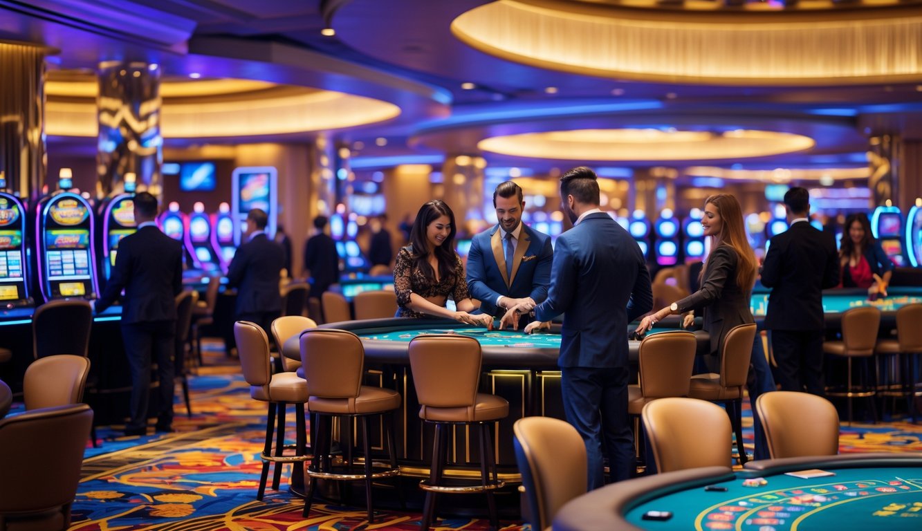 Suasana lantai kasino modern dengan meja permainan, mesin slot, dan orang-orang yang sedang berjudi.
