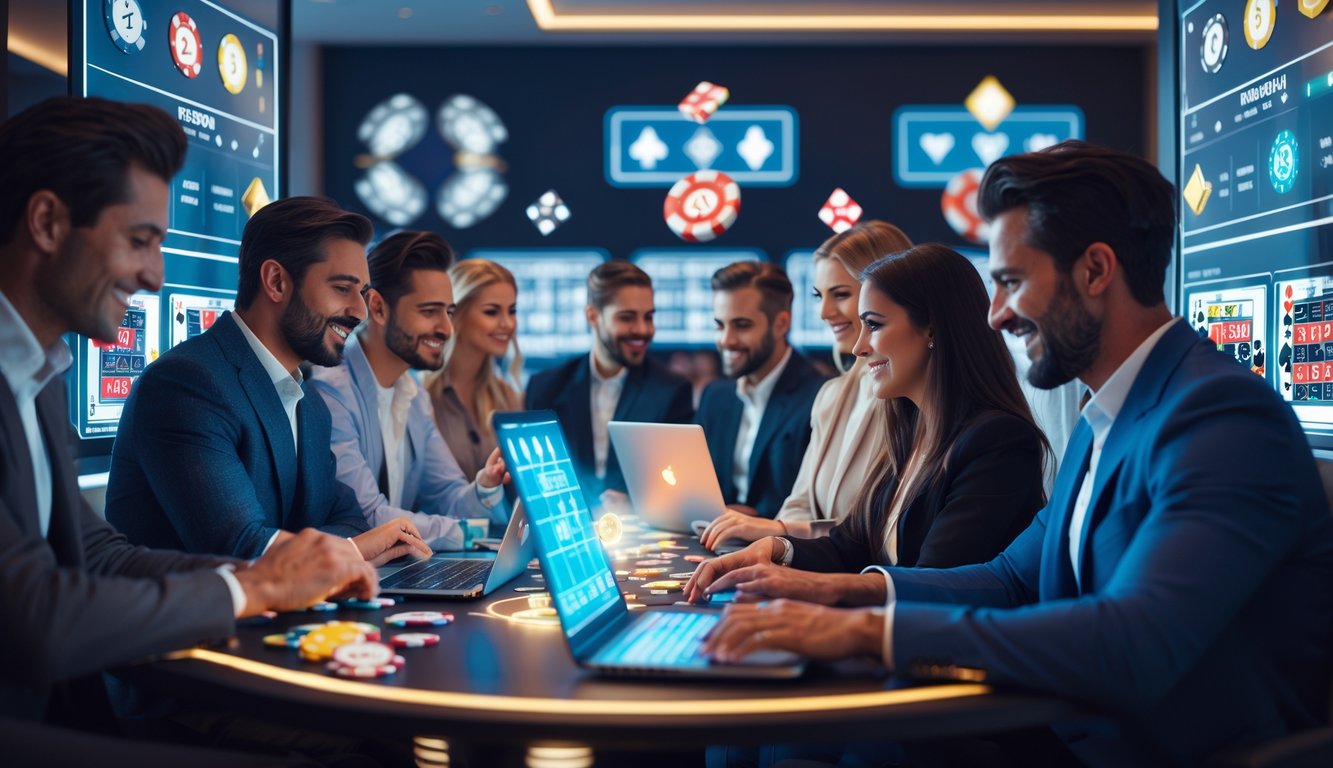 Sekelompok orang menggunakan perangkat digital untuk bermain permainan kasino online di ruangan modern yang terang dan bergaya.