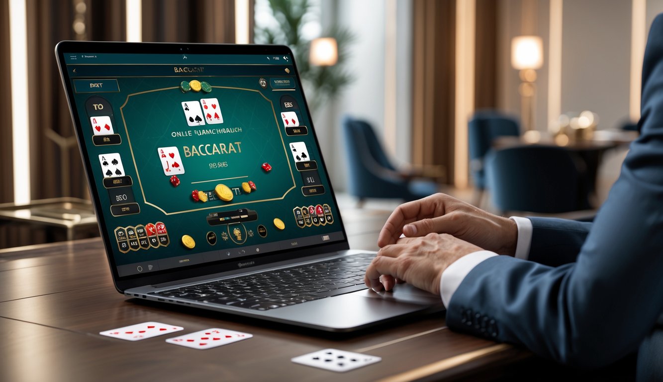 Seorang pemain dewasa menggunakan laptop dengan permainan baccarat online yang terlihat di layar di dalam ruangan yang elegan dan terang.