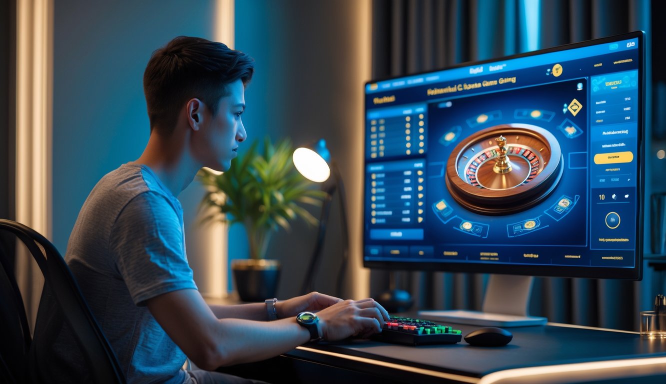 Seorang pemuda bermain baccarat online di ruang kerja modern dengan monitor besar dan pencahayaan terang.