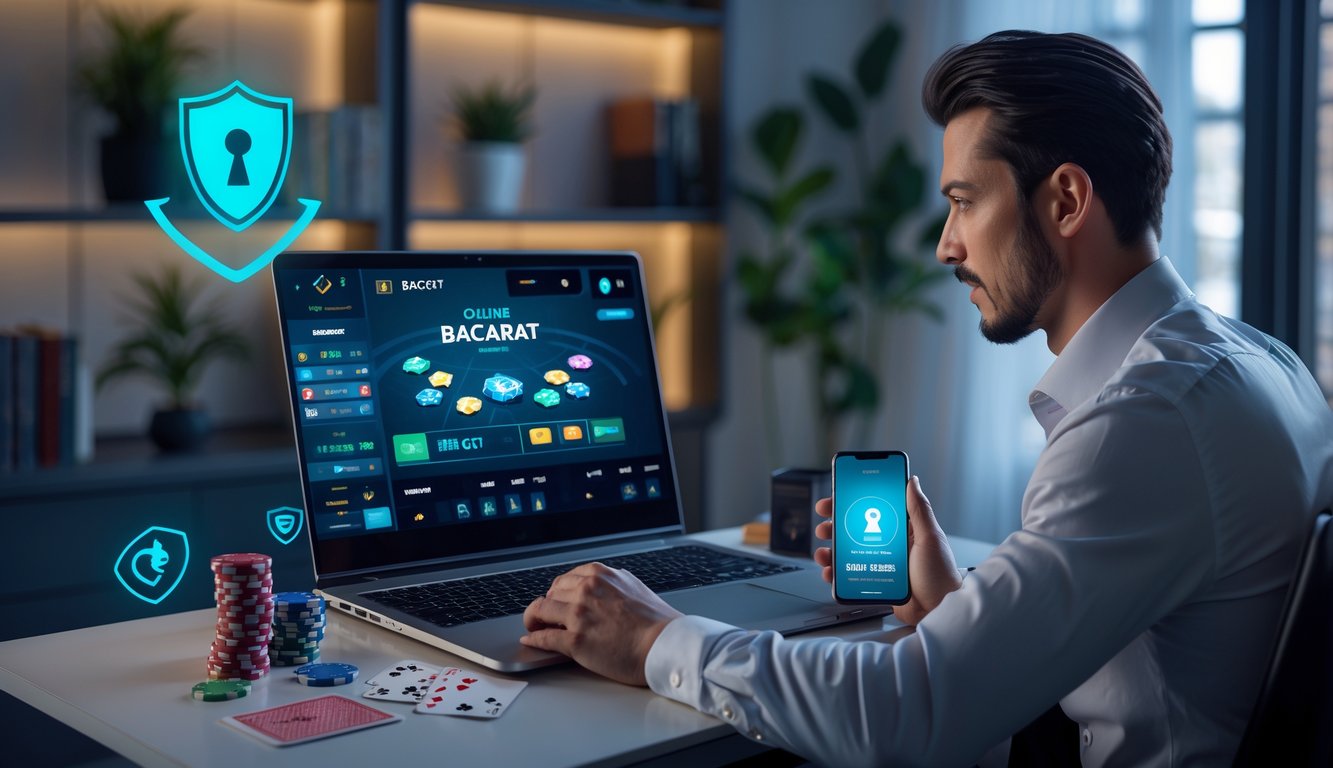 Seorang pria berpakaian rapi duduk di depan laptop dengan tampilan permainan baccarat online, di meja terdapat chip poker dan kartu remi, suasana kantor rumah yang modern dan nyaman.