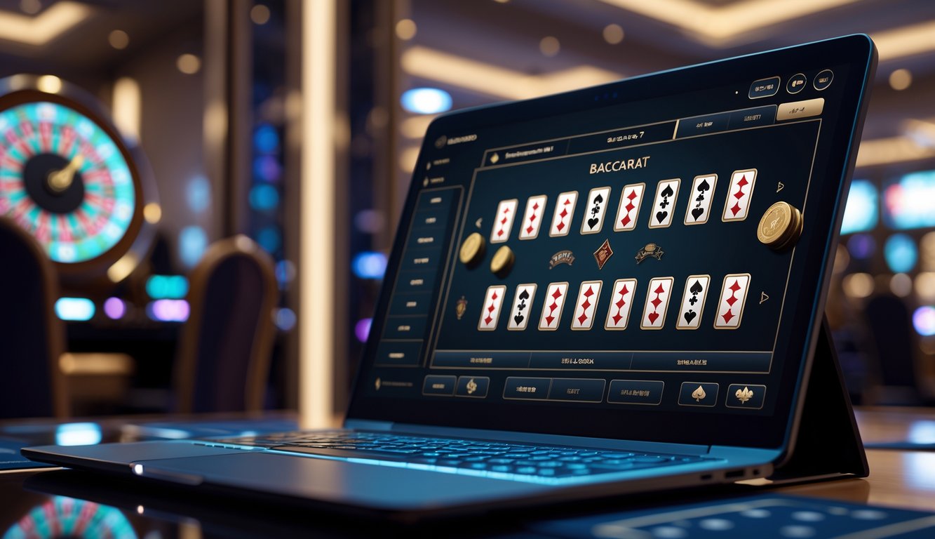 Sebuah laptop menampilkan permainan baccarat online dengan kartu dan chip, di latar belakang terdapat elemen kasino yang samar.