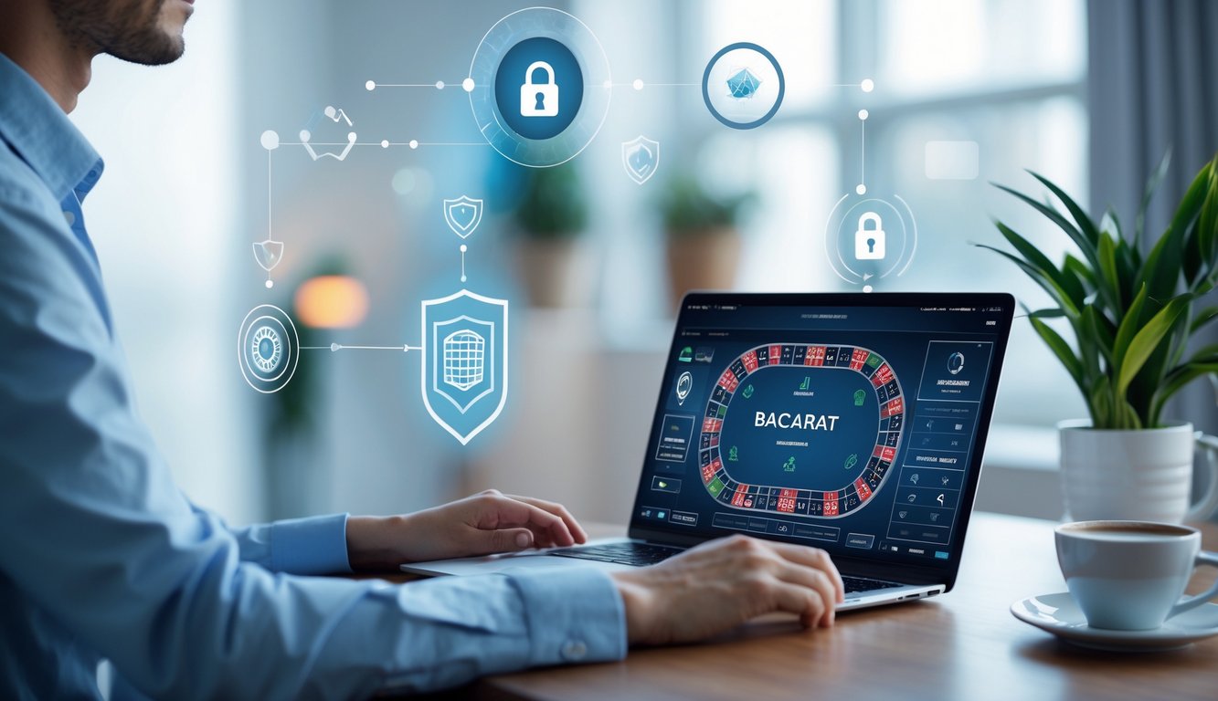 Seseorang menggunakan laptop di meja kerja dengan tampilan permainan baccarat online, suasana nyaman dan aman.