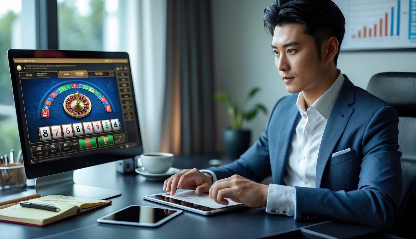 Seorang pria muda duduk di meja kerja dengan laptop yang menampilkan permainan baccarat online, dikelilingi oleh alat tulis dan perangkat digital.