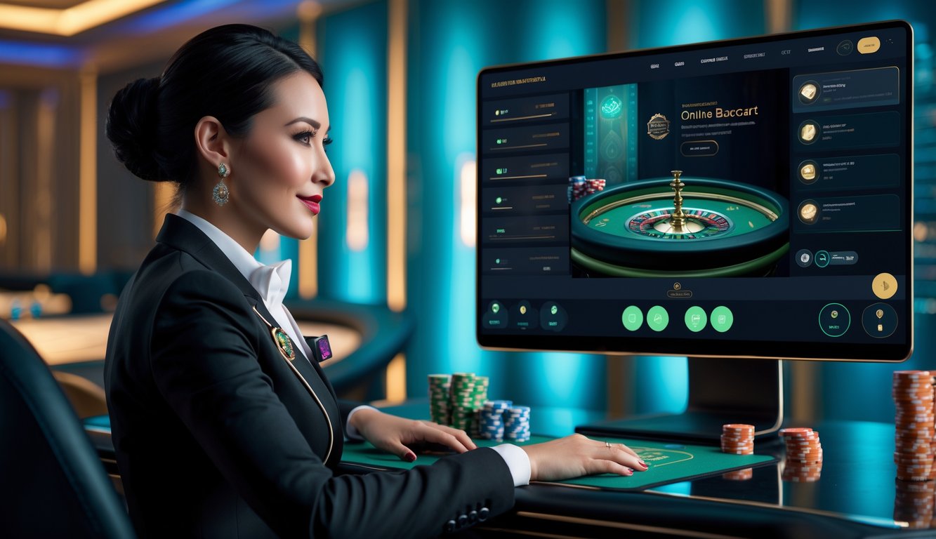 Seorang dealer langsung yang percaya diri sedang berinteraksi dengan pemain melalui layar komputer dalam permainan baccarat online dengan latar belakang elemen kasino dan pencahayaan biru-hijau.