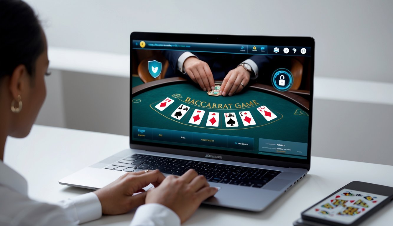 Seseorang sedang bermain permainan baccarat online di depan komputer di ruang kerja yang rapi dan terang.