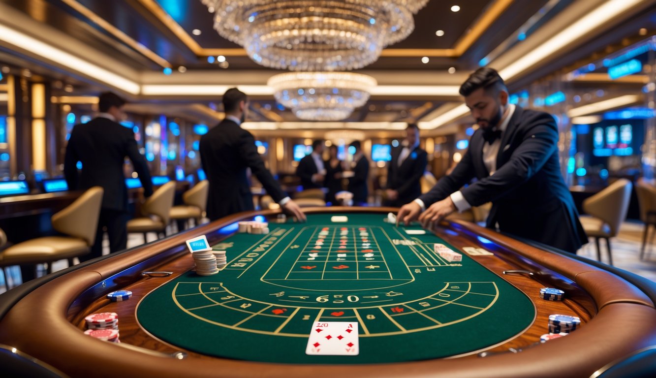 Meja baccarat mewah dengan pemain VIP yang sedang bermain di dalam kasino elegan.