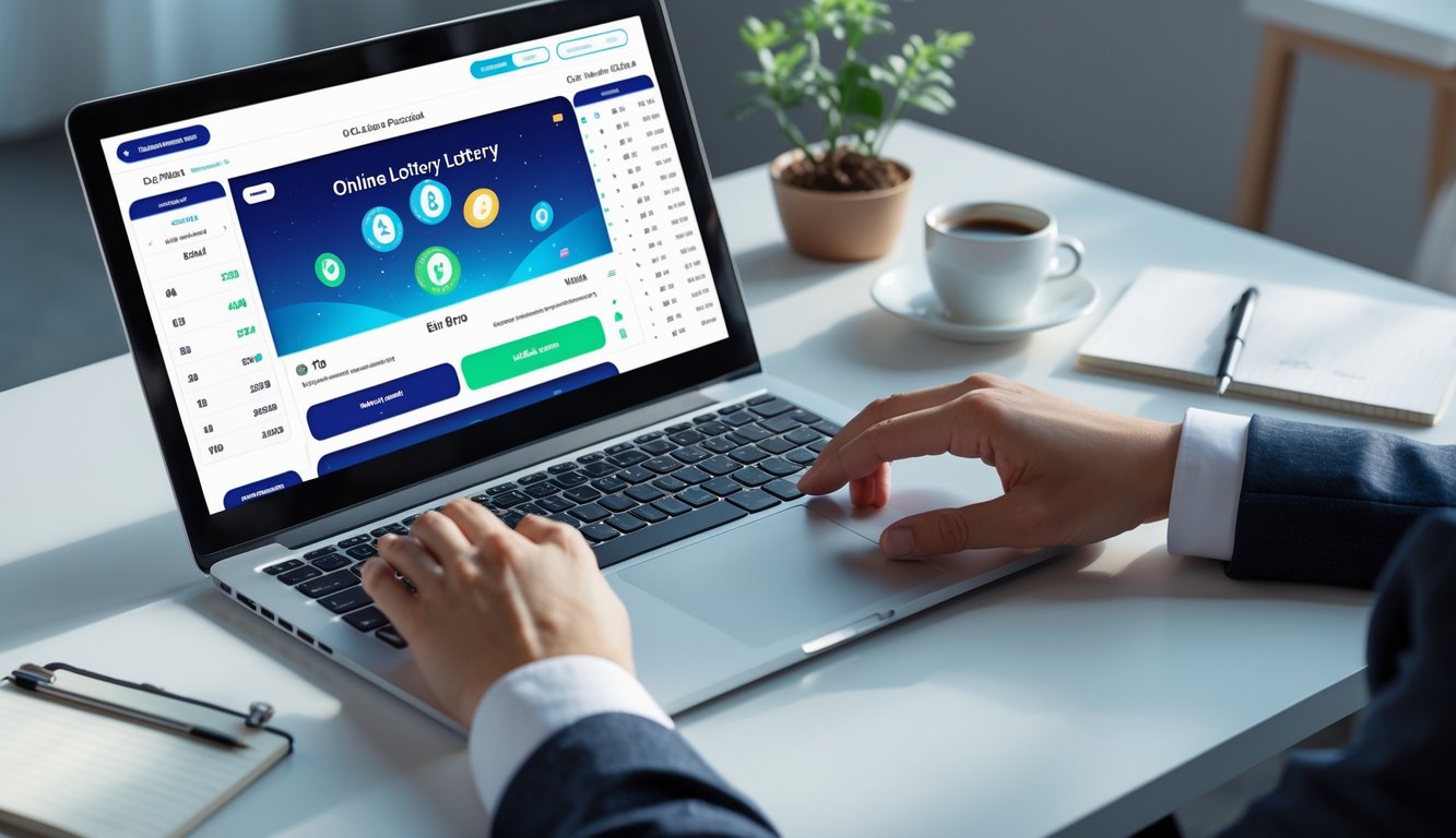 Seorang pria menggunakan laptop dan ponsel di meja kerja yang rapi dengan alat tulis dan secangkir kopi.