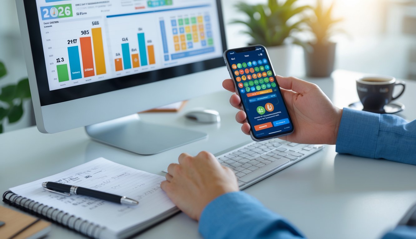 Sebuah meja kerja modern dengan komputer dan ponsel yang menampilkan grafik dan angka terkait permainan togel online 2D, dengan tangan seseorang sedang menggunakan ponsel.