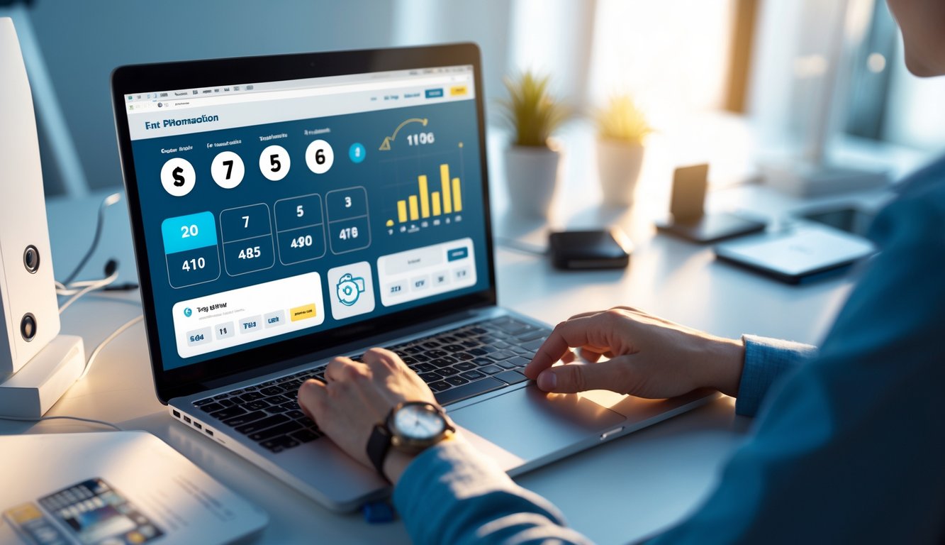 Seseorang menggunakan laptop di meja kerja modern dengan tampilan antarmuka digital terkait lotere online yang menunjukkan keamanan dan kecepatan transaksi.